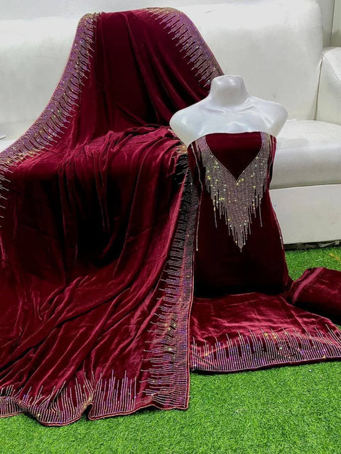 Velvet Micro 9000 Sitara Stone Work Shirt with Velvet Shawl & Plain Velvet Trouser | Luxury 3-Piece Dress